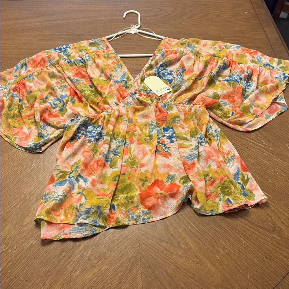 NWT JODIFL sheer chiffon olive pink draped peplum top small